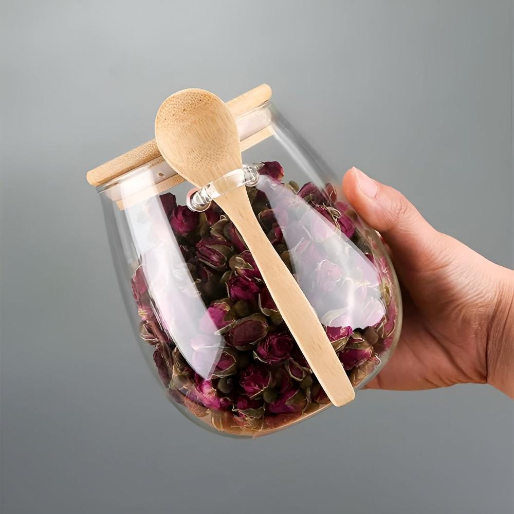 Solène – Bocal en verre artisanal avec couvercle en bois naturel