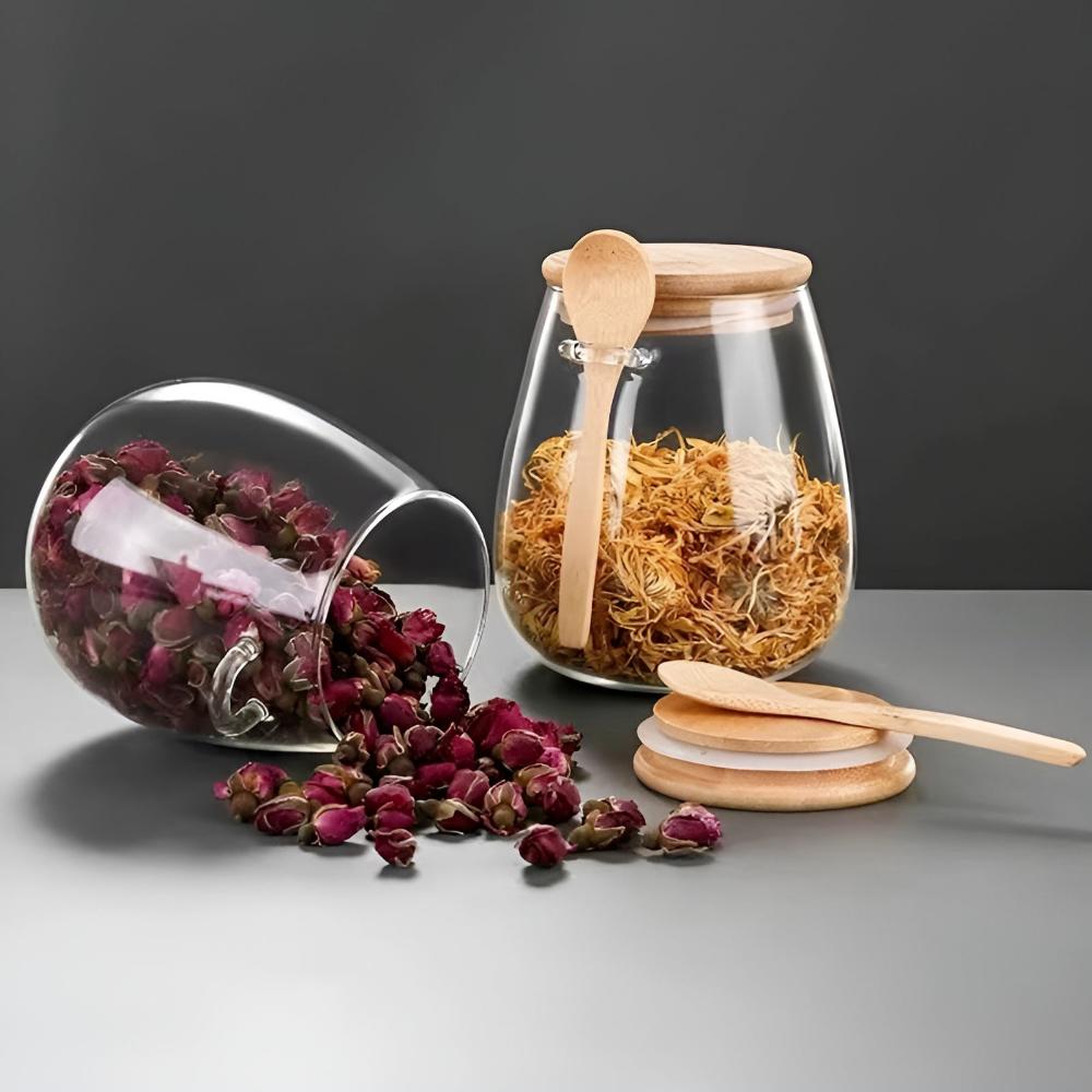 Solène – Bocal en verre artisanal avec couvercle en bois naturel