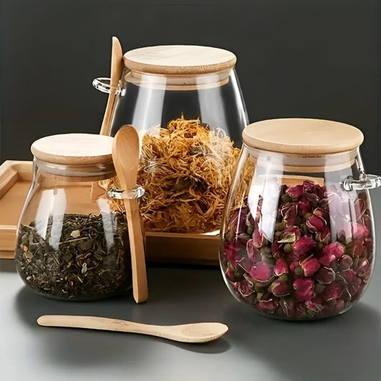 Solène – Bocal en verre artisanal avec couvercle en bois naturel