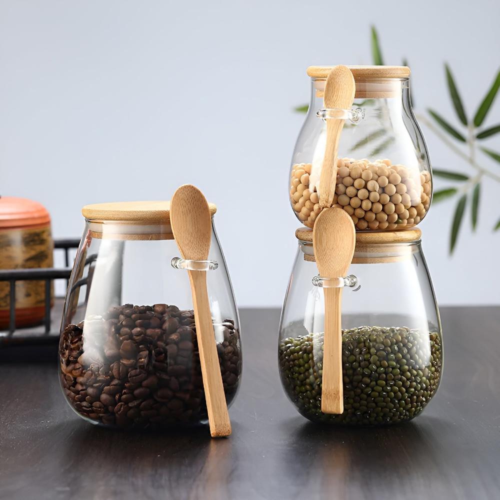 Solène – Bocal en verre artisanal avec couvercle en bois naturel