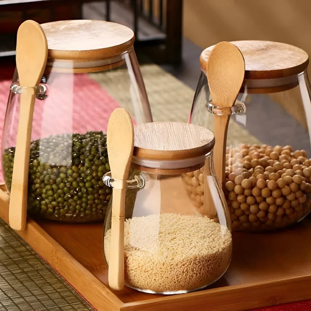 Solène – Bocal en verre artisanal avec couvercle en bois naturel